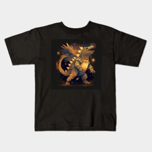 golden armor dinosaur dragon kaiju ecopop art in starry galaxy wallpaper Kids T-Shirt